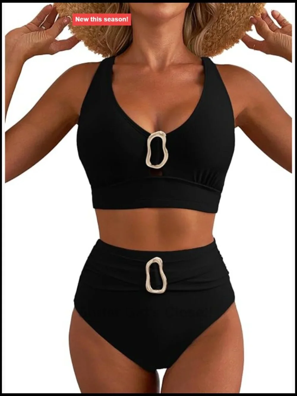 High Waisted Bikini Sets Crisscross Back V Neck Metal Ring Summer Bathing Suit